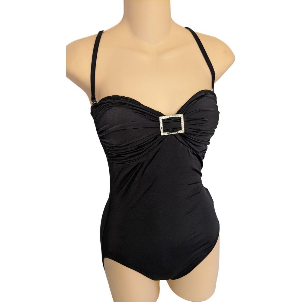 Gottex Sz 8 Black Swimsuit Rhinestones Strapless Removable Straps One Piece